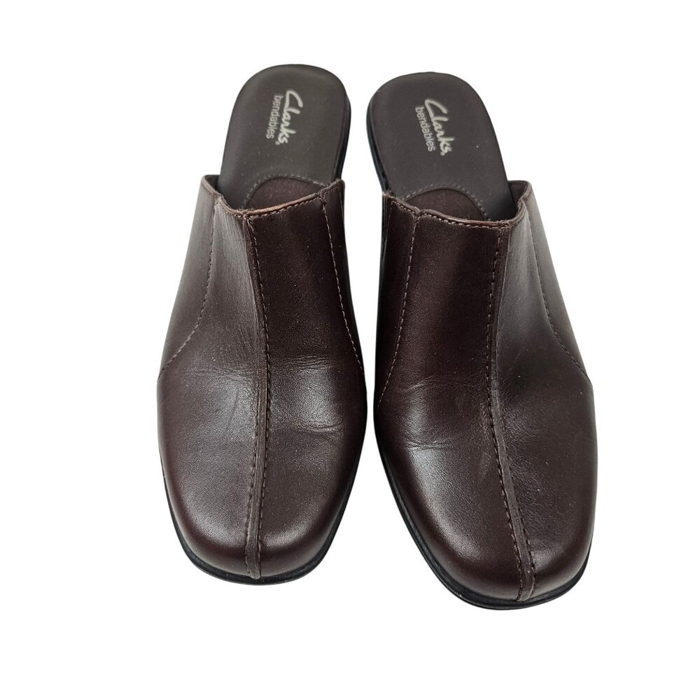 Clarks Bendable Womens Size 7M Mule Shoes Brown Leather Slip On Block Heel - Picture 2 of 9
